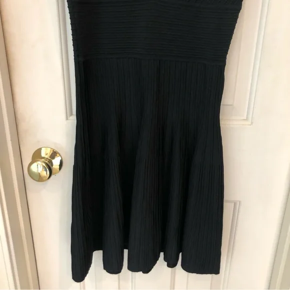 BCBGMaxAzria cocktail dress black ribbed mini full skirt, straps, Sz S, Elegant! - Picture 12 of 16